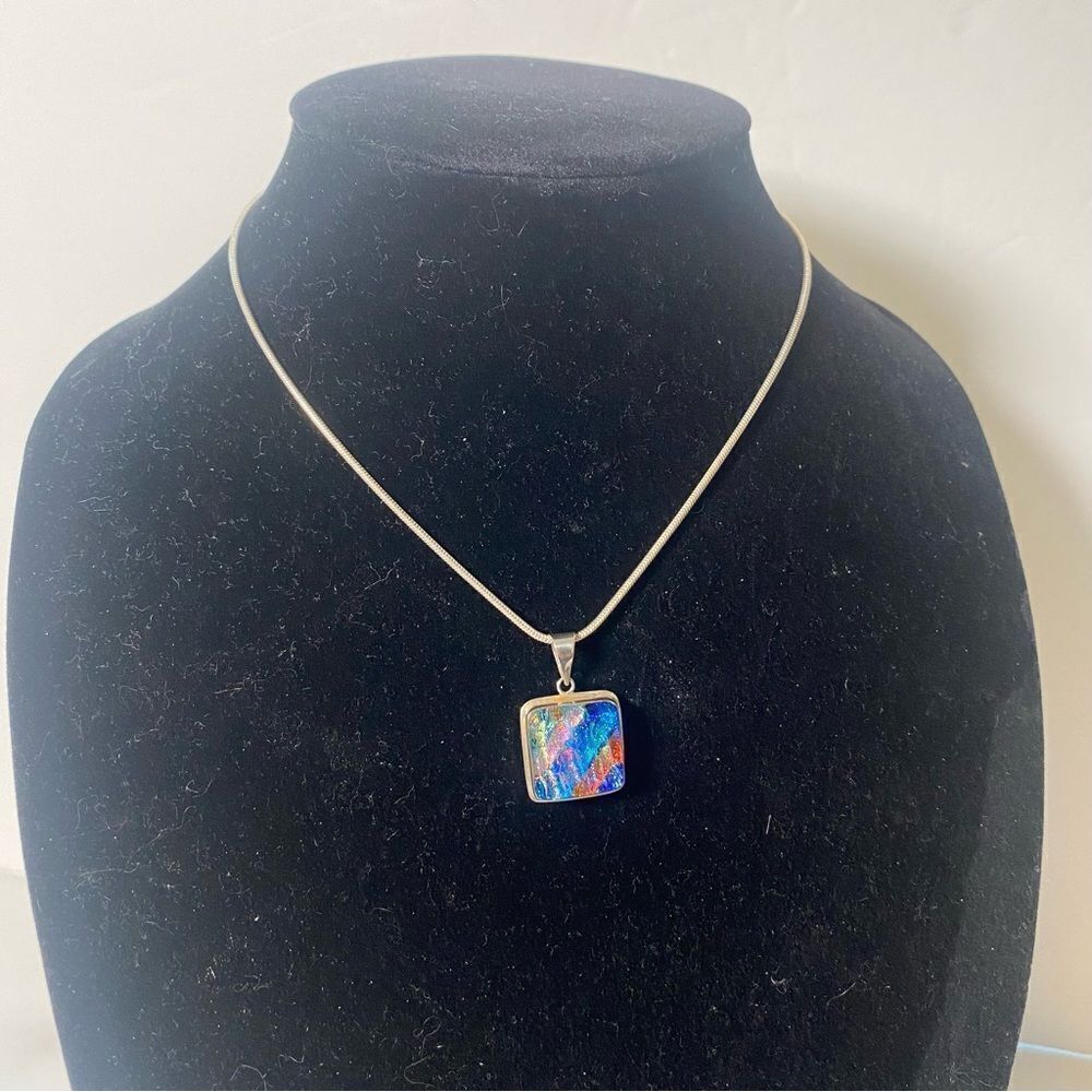 Dichroic Textured Crinkle Rainbow Glass Pendant With Sterling Silver Necklace
